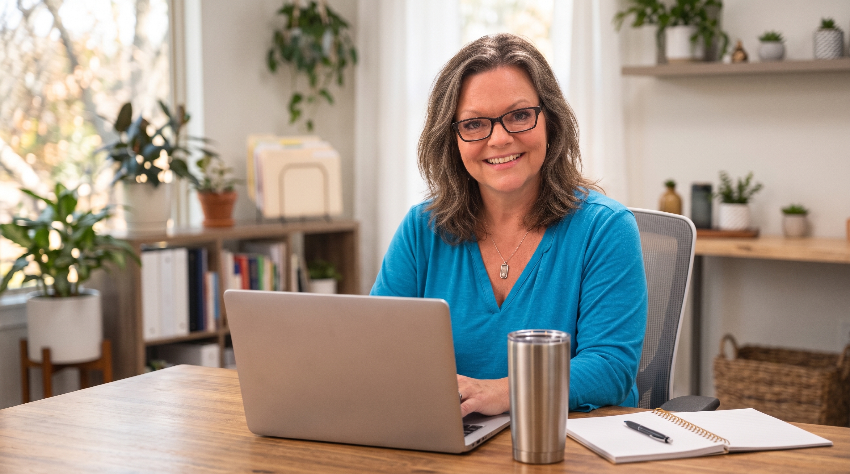 Miriam Metts smiling at her desk in a turquoise blouse